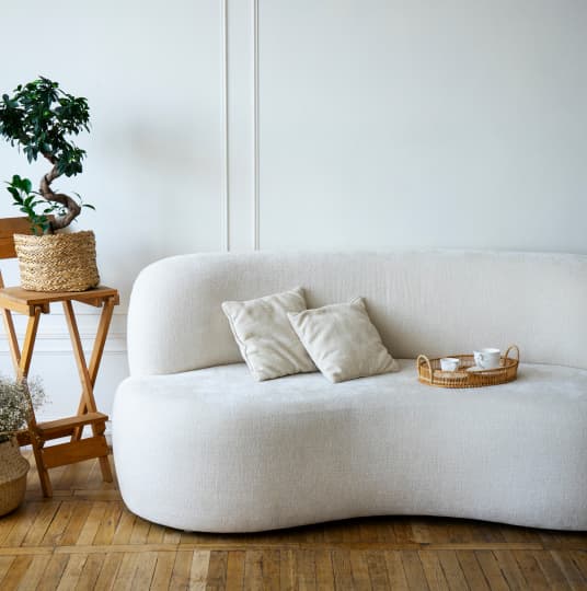 Light gray sofa with pillows and a vase on the side